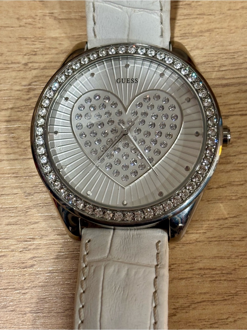 Guess Silver Crystal Heart Dial Watch with White Strap